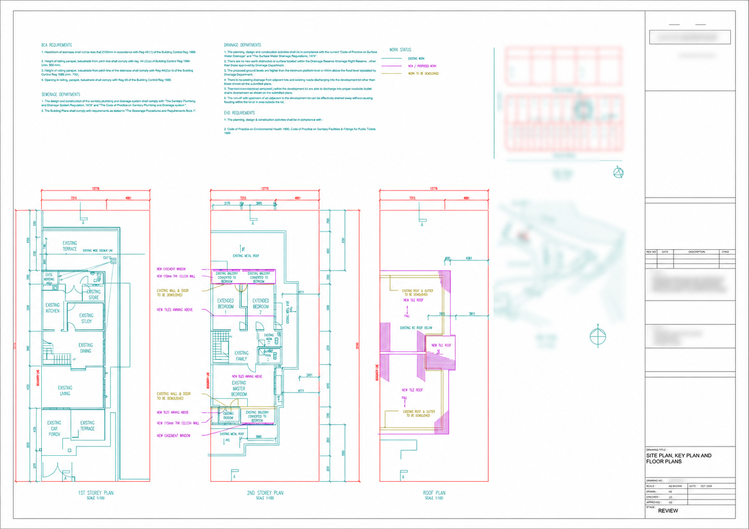 Architectural floor and roof plans with project information blurred